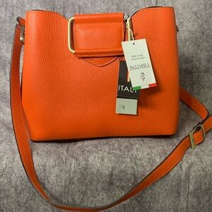 ISADORA Italian Leather Orange Tote Crossbody East West Bag Top Handle Satchel